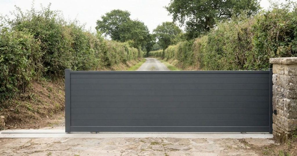 Entrée bordée d’une haie bocagère à Guichen, contexte d’un projet de portail coulissant