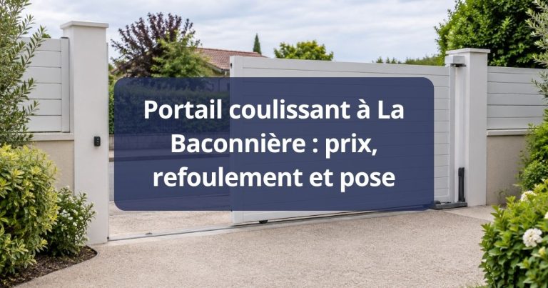 Rail au sol et galet d’un portail coulissant aluminium scellés dans leur longrine, à La Baconnière