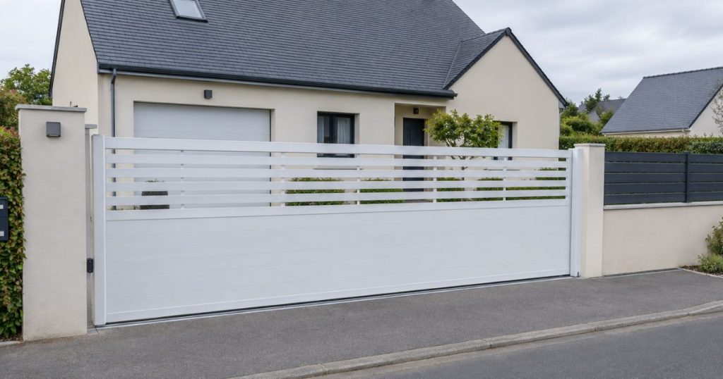 Portail coulissant aluminium effacé le long de la clôture à La Baconnière