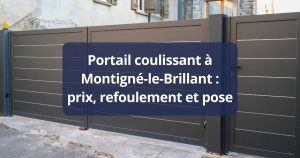 Rail au sol et galet d’un portail coulissant aluminium scellés dans leur longrine, à Montigné-le-Brillant