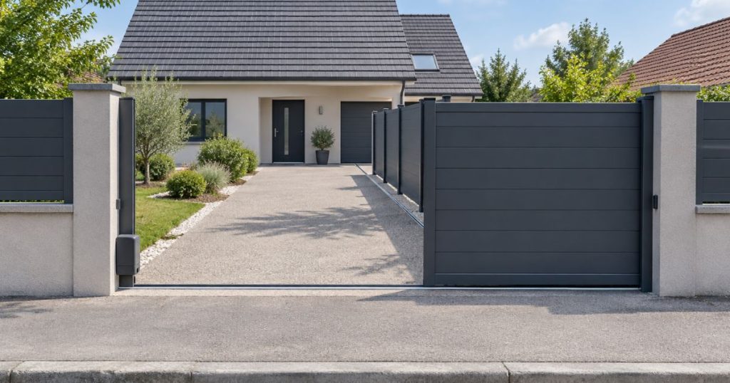 Portail coulissant à Montigné-le-Brillant, allée finie et portail posé sans reprise de sol