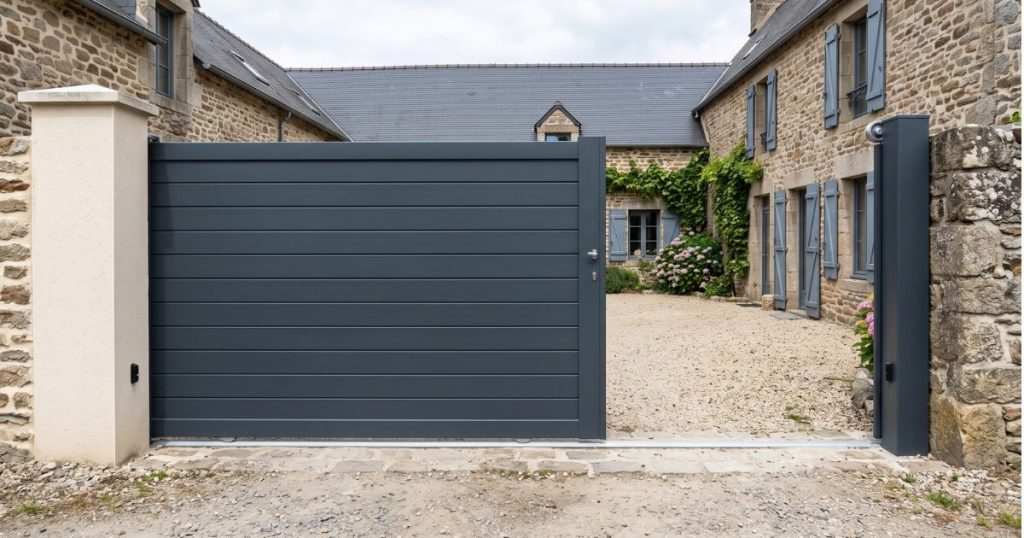 Cour de longère à passage large fermée par un portail coulissant aluminium à Mordelles, tablier fermé en travers