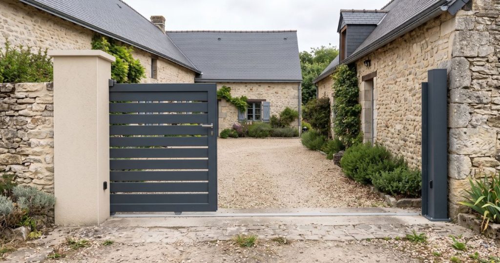 Tablier de portail coulissant aluminium vu en enfilade sur toute sa longueur à Mordelles