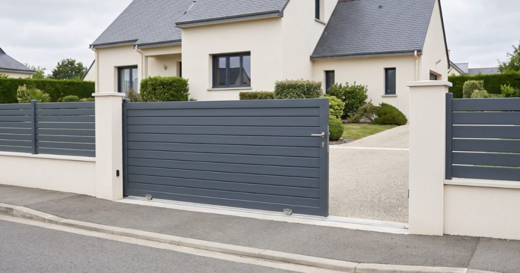 Portail coulissant à Mulsanne à remplissage plein vu depuis la rue, le remplissage qui pèse le plus sur le devis