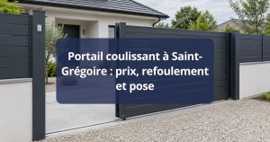 Rail au sol et galet d’un portail coulissant aluminium scellés dans leur longrine, à Saint-Grégoire