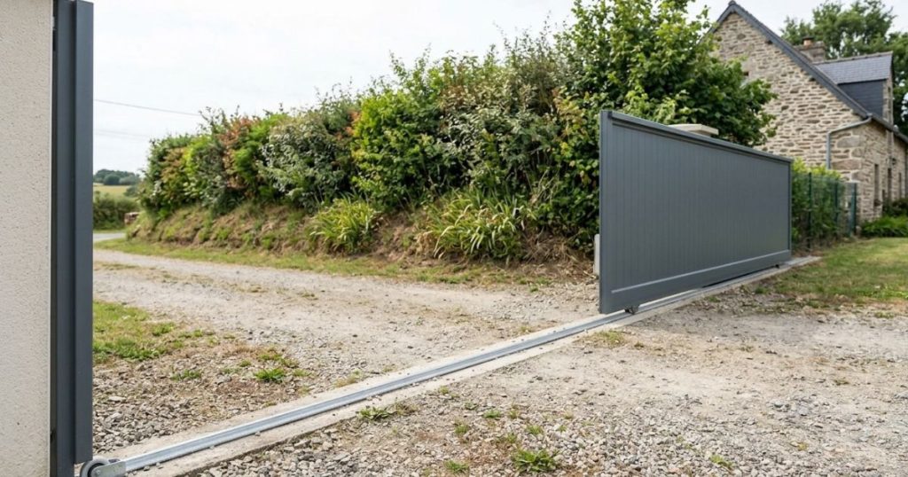 Portail coulissant aluminium effacé le long d’un talus planté à Saint-Ouën-des-Toits