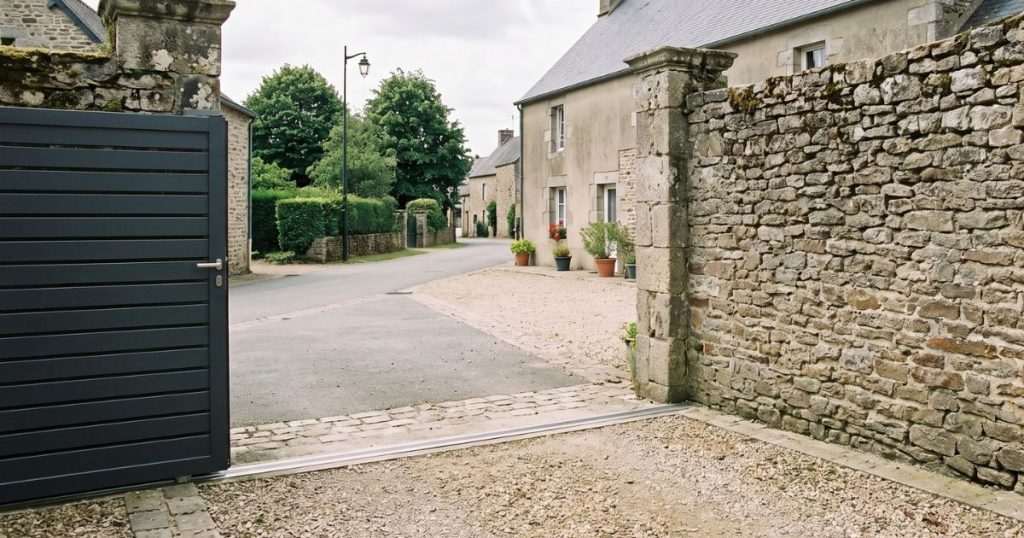 Portail coulissant ouvert à Sainte-Suzanne-et-Chammes, rail au sol courant sur toute la longueur du refoulement