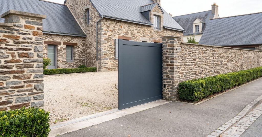Portail coulissant à Segré-en-Anjou Bleu ouvert le long d’un mur de schiste, refoulement visible