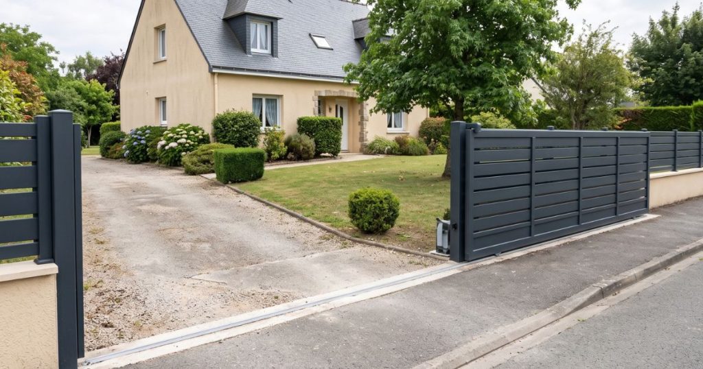 Portail coulissant aluminium ouvert à Trélazé, tablier effacé le long de la clôture