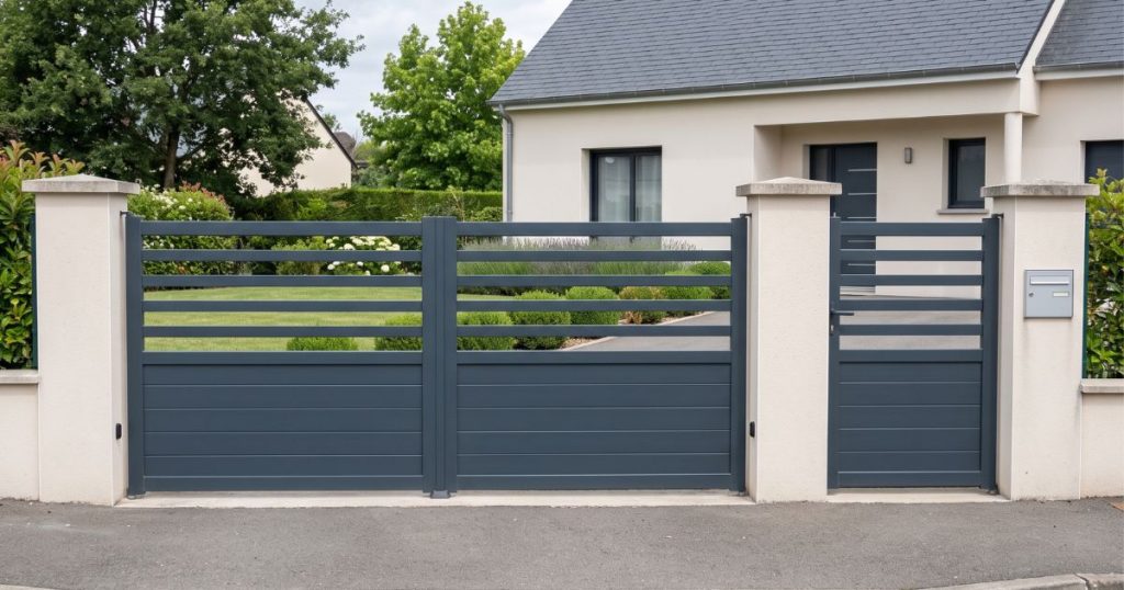 Portail et portillon aluminium assortis sur l’entrée d’une maison d’habitation