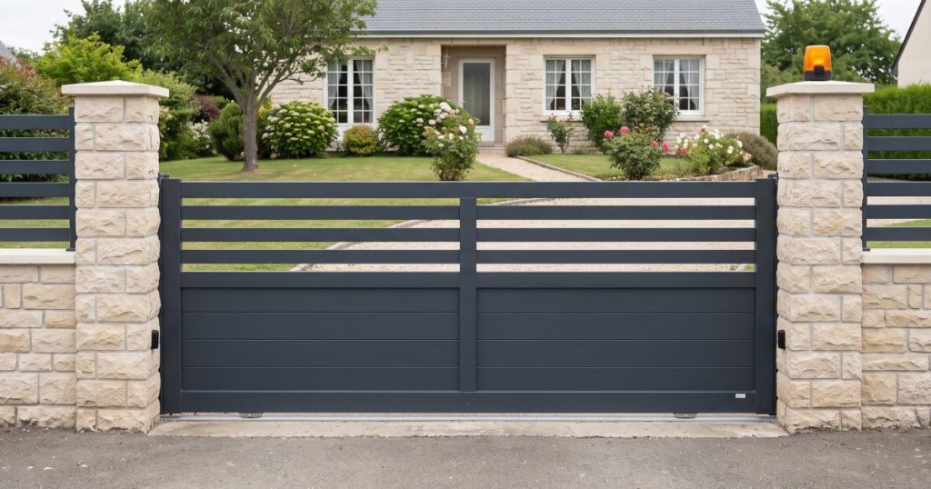 Portail aluminium Kalio Menuiserie fermé vu de face depuis la rue, le feu de signalisation éteint sur le pilier