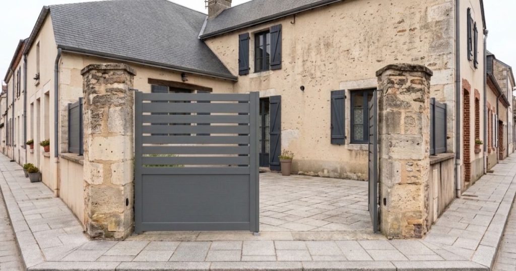 Vantail de portail ouvert au-dessus du trottoir à La Flèche, sur le domaine public