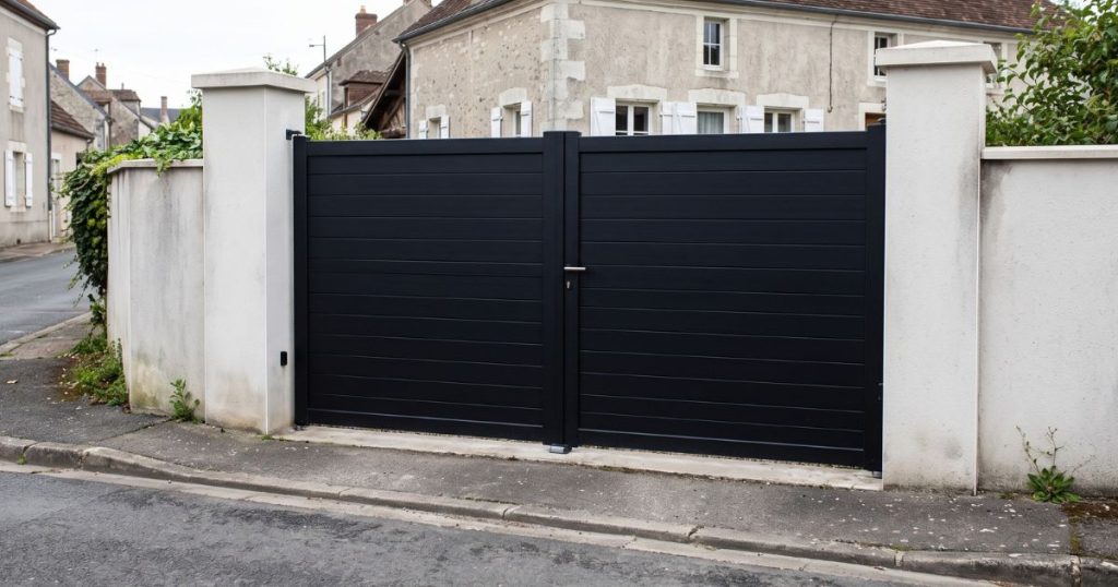 Portail aluminium Kalio Menuiserie fermé sur une maison de bourg donnant directement sur la route qui traverse la commune