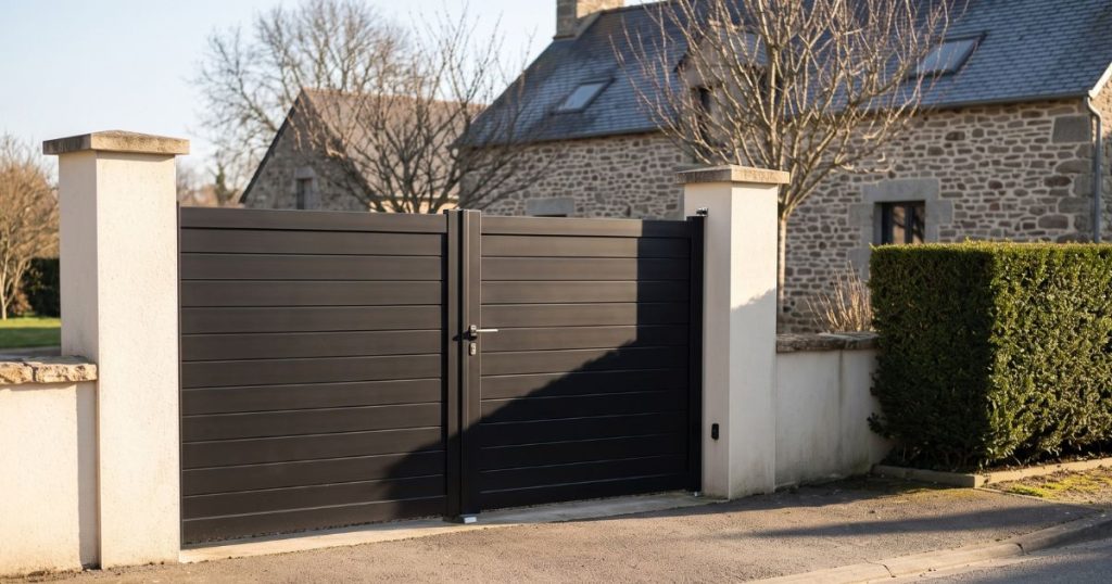 Portail aluminium Kalio Menuiserie fermé en fin de journée d’hiver, l’ombre de la haie portée en travers de l’entrée