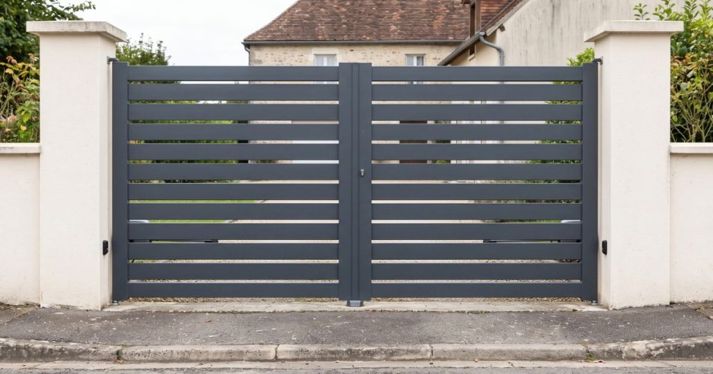 Portail battant aluminium Kalio Menuiserie fermé au ras du trottoir, la bordure de voirie au premier plan