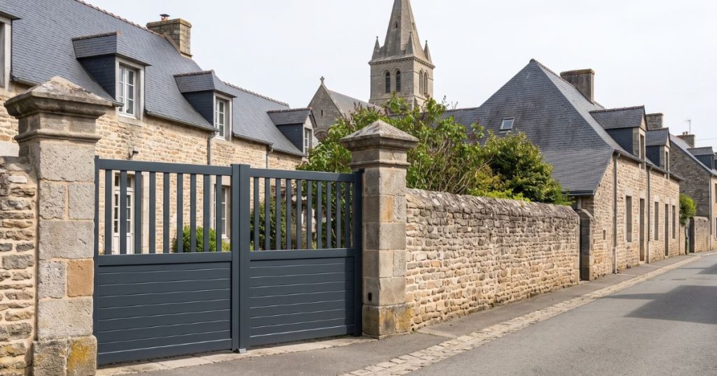 Portail aluminium gris anthracite dans une entrée de bourg ancien, près d’un édifice protégé
