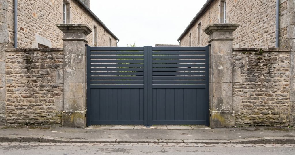 Portail aluminium de teinte sombre posé dans un bourg protégé, vu depuis la rue