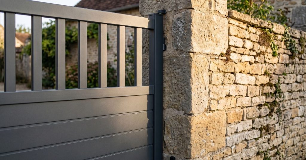 Montant de portail aluminium gris anthracite contre un mur de pierre du pays, en lumière rasante