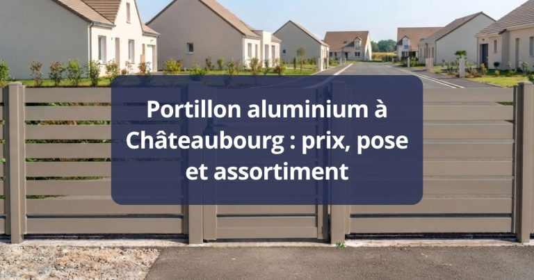 Portillon aluminium assorti au portail, ouvert de face, poignée et serrure visibles, à Châteaubourg