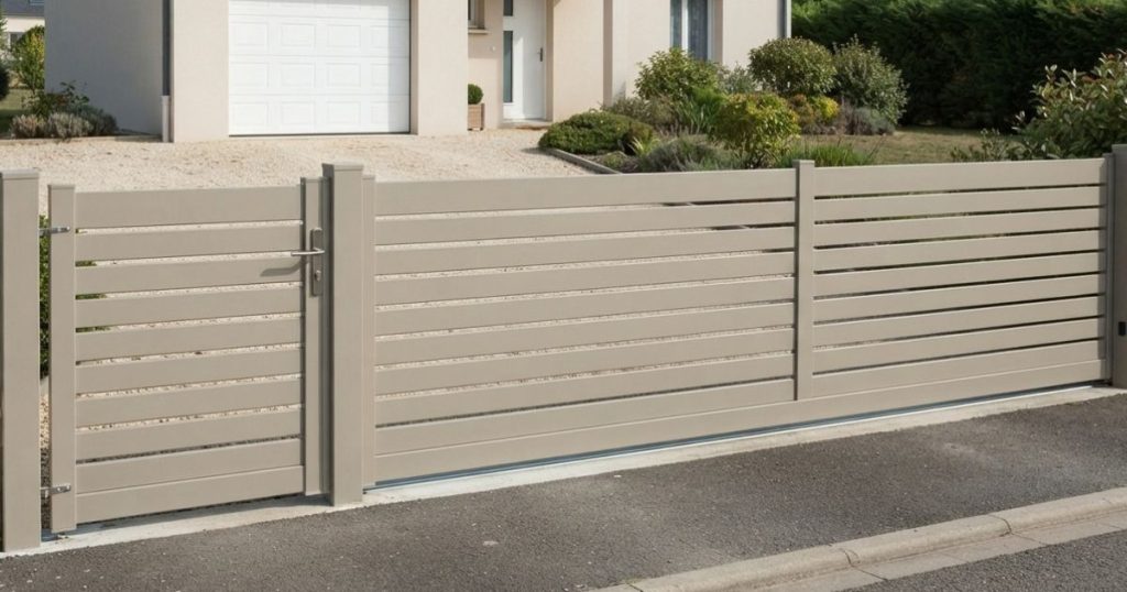 Portillon et portail aluminium assortis sur la même clôture à Châteaubourg