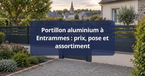 Portillon aluminium assorti au portail, ouvert de face, poignée et serrure visibles, à Entrammes