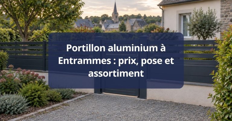 Portillon aluminium assorti au portail, ouvert de face, poignée et serrure visibles, à Entrammes