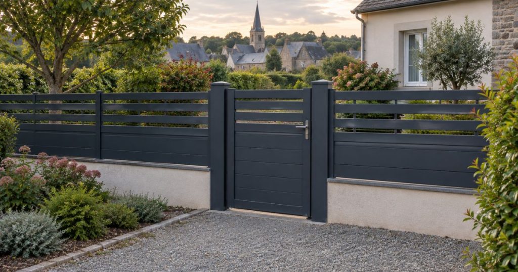 Portail aluminium posé par Kalio Menuiserie à Entrammes, vue d’ensemble depuis la rue