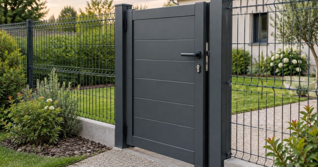 Portillon aluminium fermé et verrouillé sur son poteau de clôture, par Kalio Menuiserie