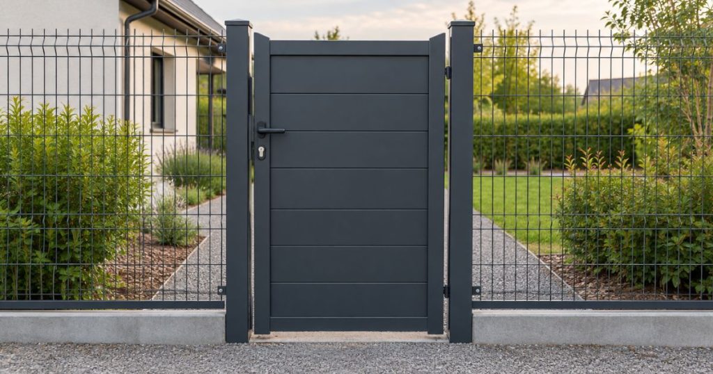 Portillon aluminium posé sur son poteau dans une clôture rigide à Entrammes, par Kalio Menuiserie