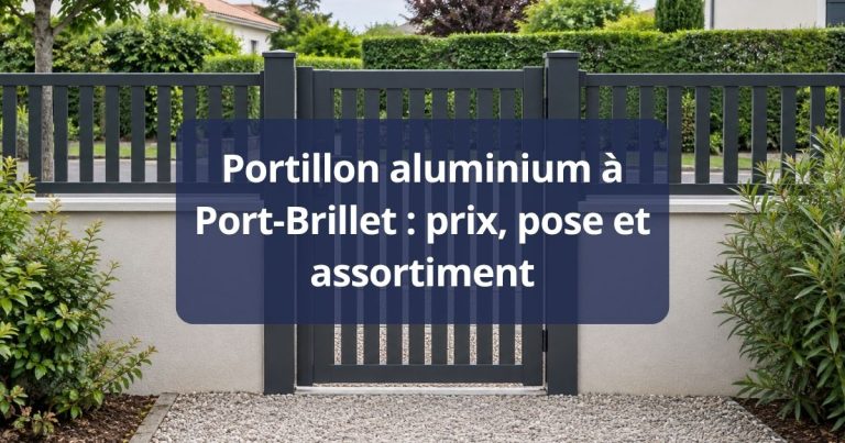 Portillon aluminium assorti au portail, ouvert de face, poignée et serrure visibles, à Port-Brillet