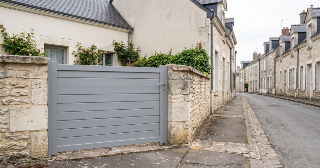 Portillon aluminium sur une rue du centre-ville de Sablé-sur-Sarthe, dans le périmètre soumis à l’avis des Bâtiments de France