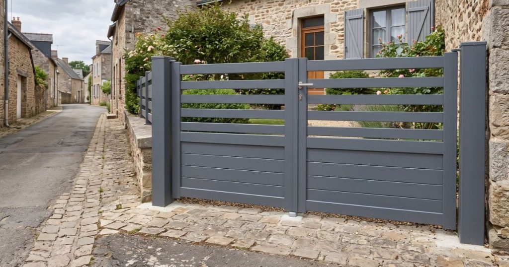 Portillon aluminium à Sablé-sur-Sarthe posé sur une entrée surélevée par rapport au trottoir, vue depuis la rue
