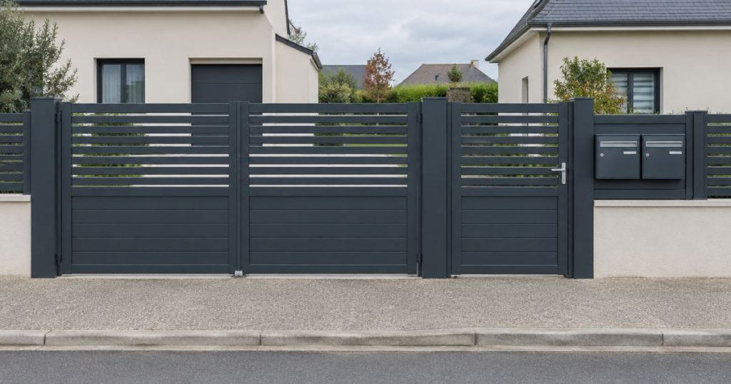 Entrée commune à deux maisons à Vern-sur-Seiche, portail et portillon aluminium sur la même clôture