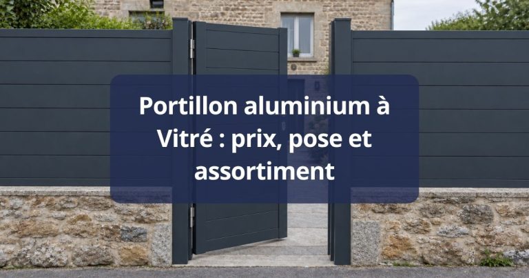 Portillon aluminium assorti au portail, ouvert de face, poignée et serrure visibles, à Vitré