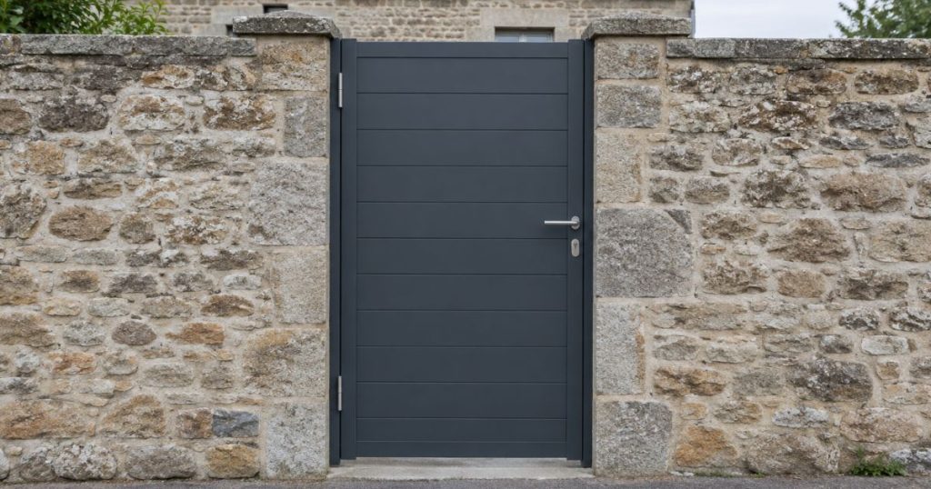 Portillon aluminium sur mesure à Vitré, fermé dans une ouverture percée au travers d’un mur de pierre