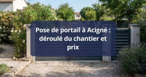 Poseur Kalio Menuiserie relevant au mètre laser l’entre-axe de deux piliers finis, à Acigné