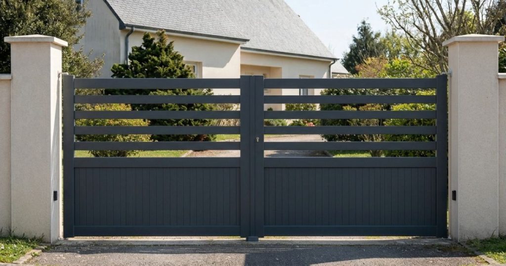 Portail battant aluminium posé et réglé sur une entrée d’Allonnes, fermé, vu de trois quarts depuis la rue