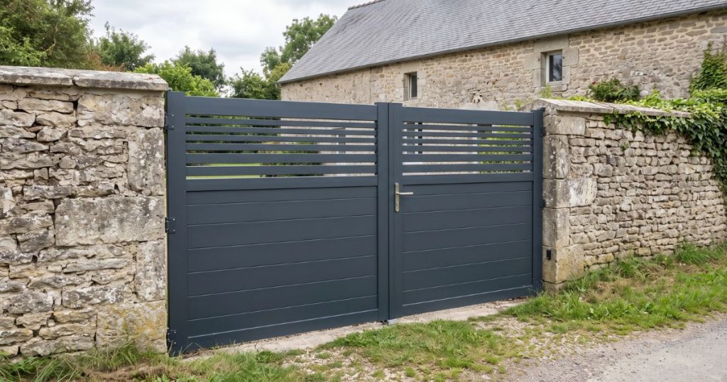 Portail aluminium posé à Ballots contre un mur de clôture en pierre