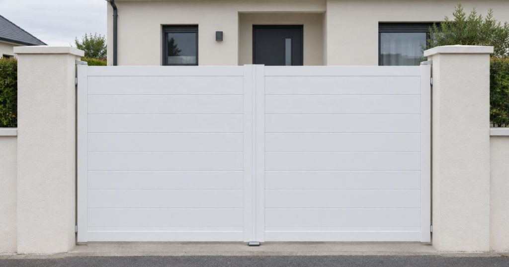 Portail aluminium blanc posé et réglé à Cesson-Sévigné, jeux réguliers de chaque côté