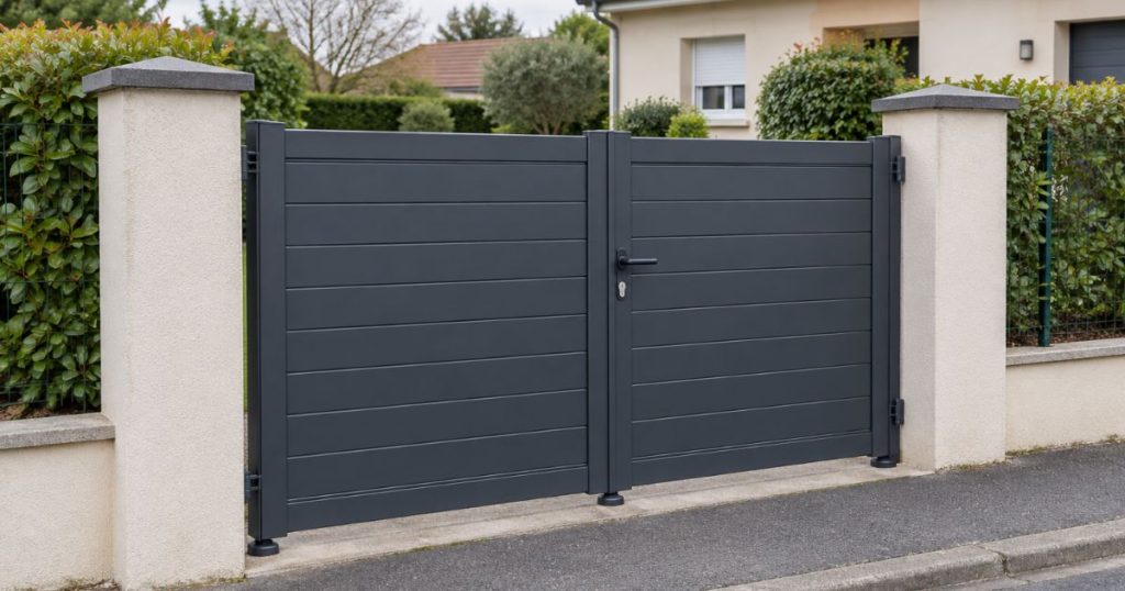 Portail battant aluminium posé au Genest-Saint-Isle sur ses deux piliers, par Kalio Menuiserie