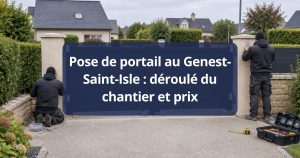 Poseur Kalio Menuiserie relevant au mètre laser l’entre-axe de deux piliers finis, à Le Genest-Saint-Isle