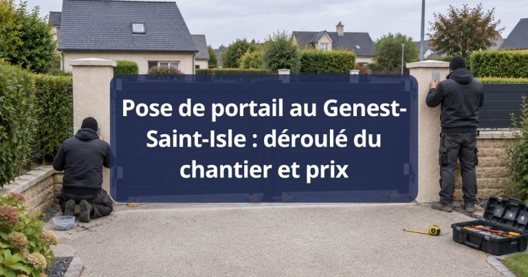 Poseur Kalio Menuiserie relevant au mètre laser l’entre-axe de deux piliers finis, à Le Genest-Saint-Isle