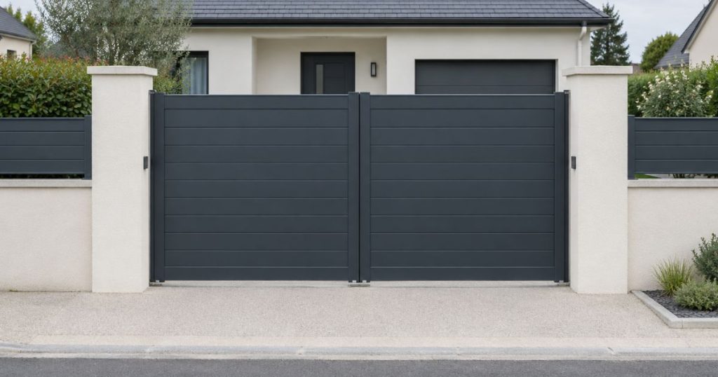 Portail aluminium après pose à Noyal-Châtillon-sur-Seiche, tablier neuf en lumière rasante