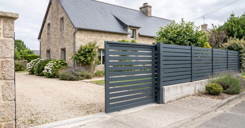 Portail coulissant aluminium ouvert le long de la clôture à Sablé-sur-Sarthe, refoulement dégagé