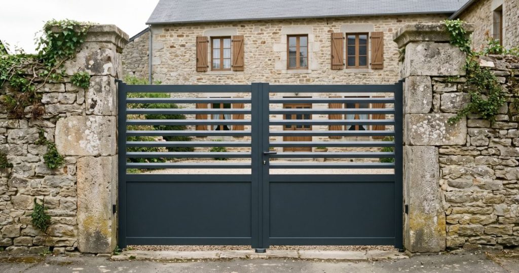 Portail aluminium posé dans une ouverture d’ancien atelier à Sablé-sur-Sarthe, jambages en pierre conservés