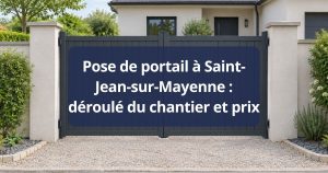 Poseur Kalio Menuiserie relevant au mètre laser l’entre-axe de deux piliers finis, à Saint-Jean-sur-Mayenne