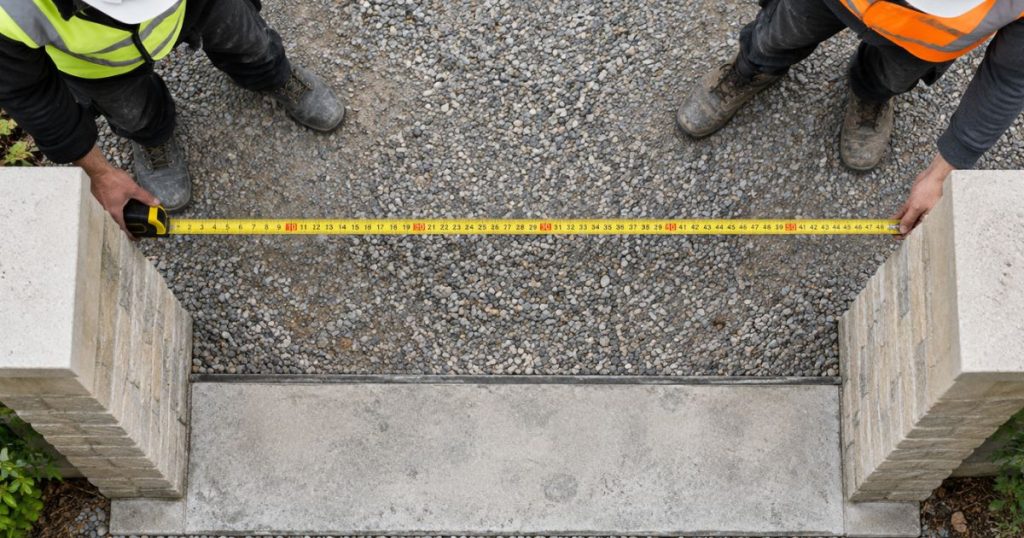 Relevé de l’entraxe entre piliers finis à Saint-Jean-sur-Mayenne, par Kalio Menuiserie