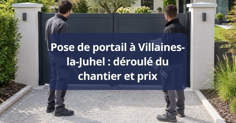 Poseur Kalio Menuiserie relevant au mètre laser l’entre-axe de deux piliers finis, à Villaines-la-Juhel
