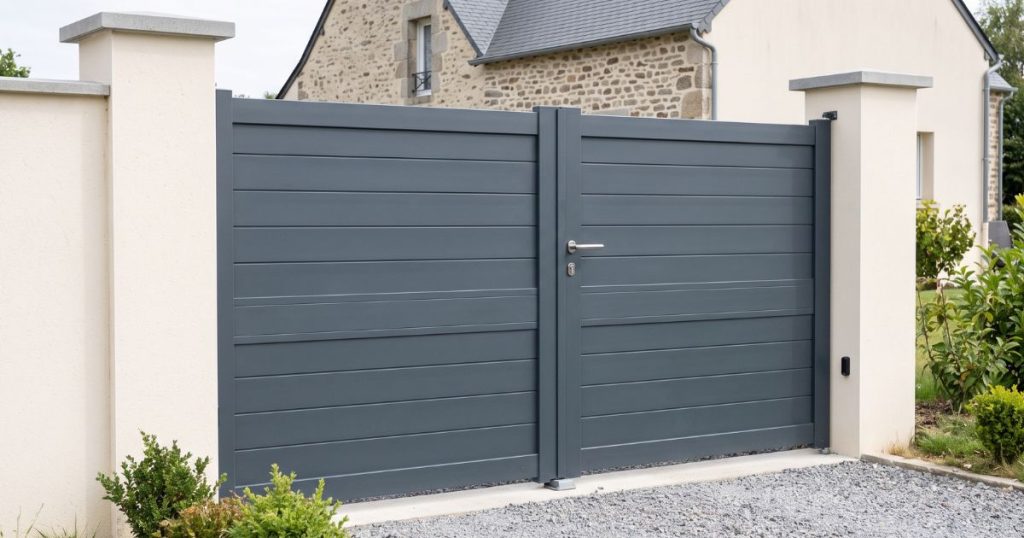 Portail aluminium posé à Villaines-la-Juhel sur ses piliers terminés