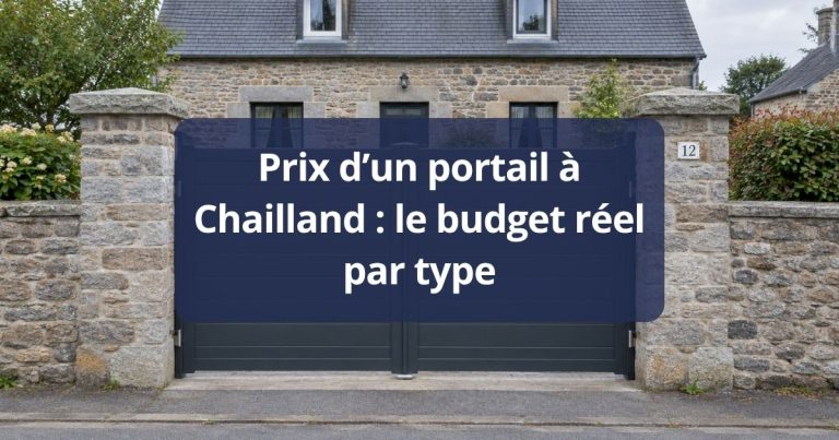 Portail battant aluminium anthracite fermé entre deux piliers, vu depuis la rue à Chailland